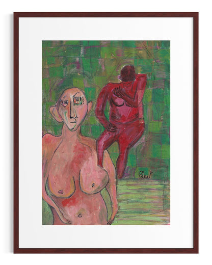 Abstract painting of two figures in a frame with a white border