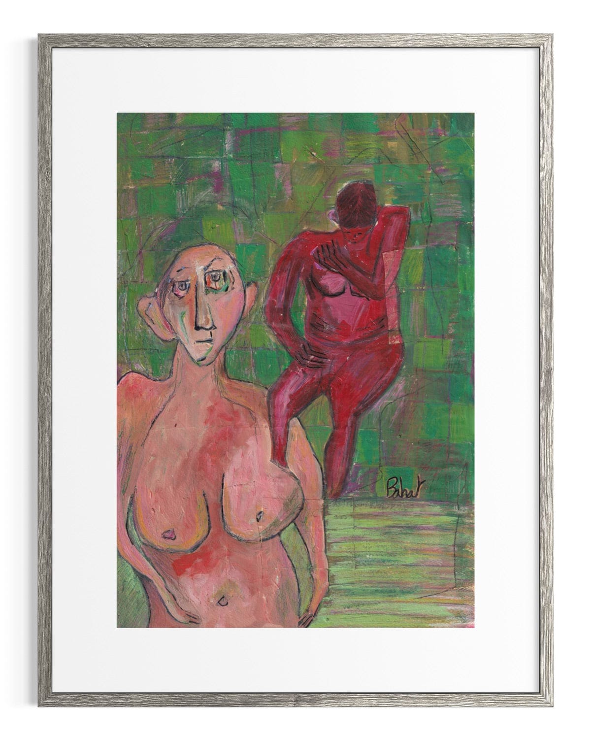 Framed abstract artwork of two figures on a green background