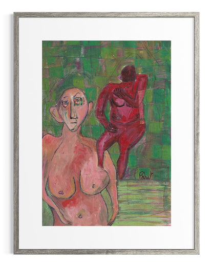 Framed abstract artwork of two figures on a green background