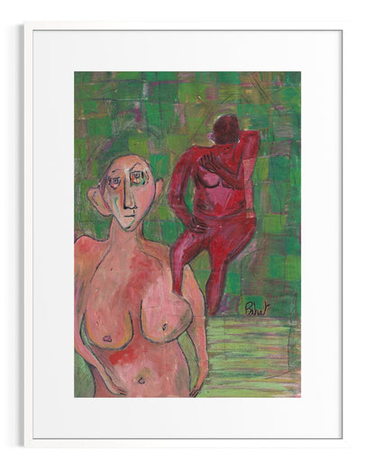 Abstract painting of two figures on a green background
