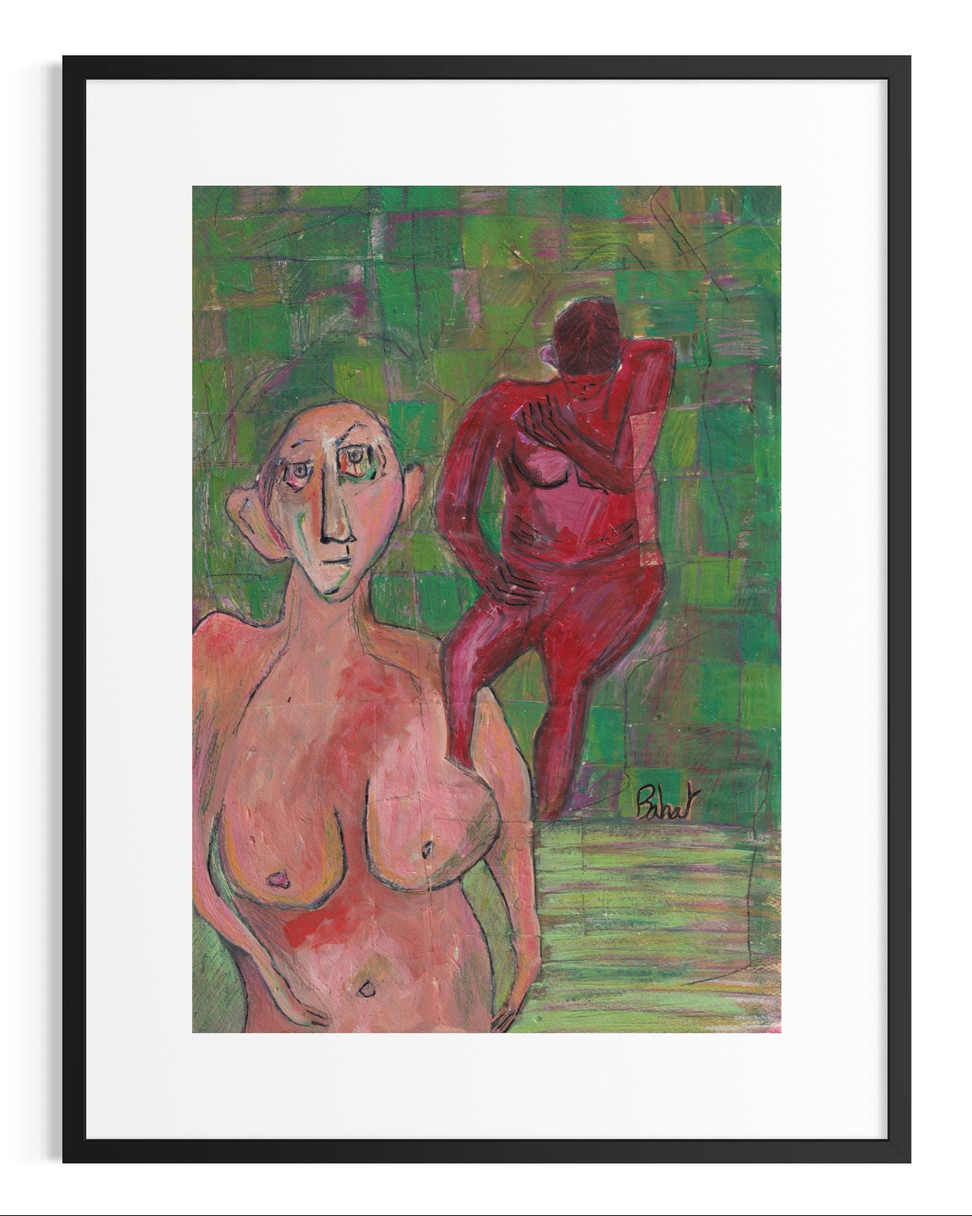 Framed abstract painting of two figures on a green background