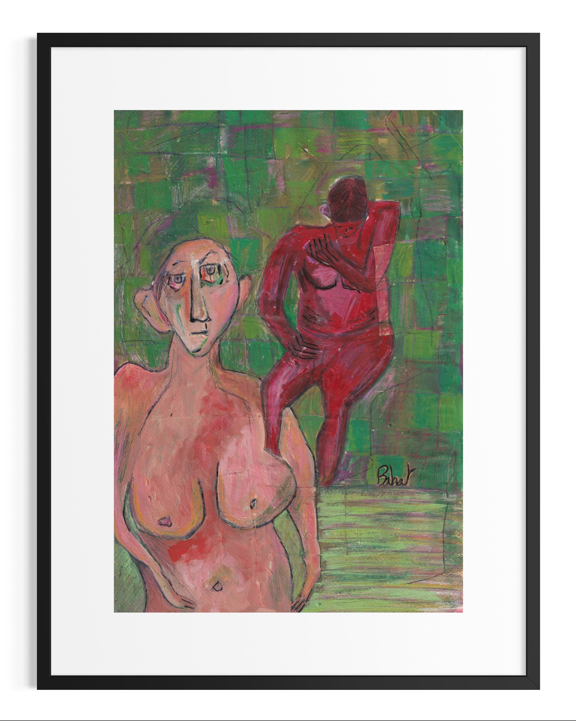 Framed abstract painting of two figures on a green background
