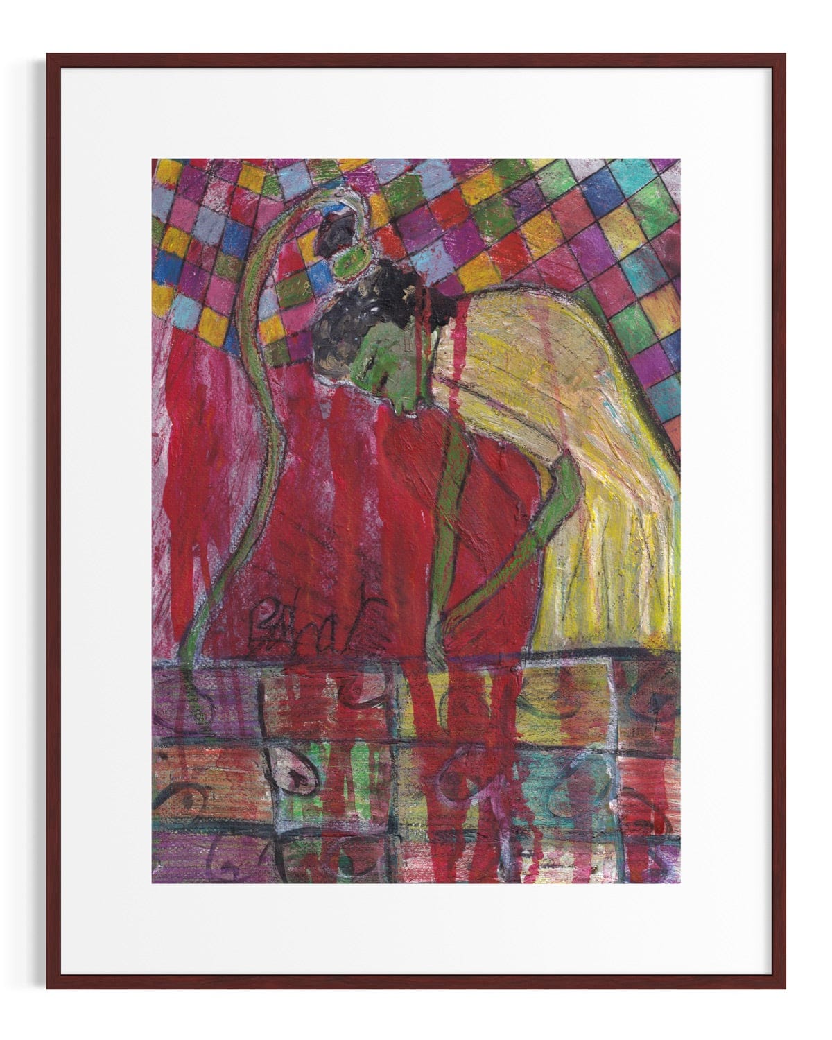 Framed abstract artwork with colorful geometric patterns and a figure.