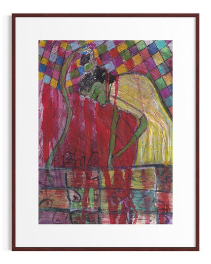 Framed abstract artwork with colorful geometric patterns and a figure.