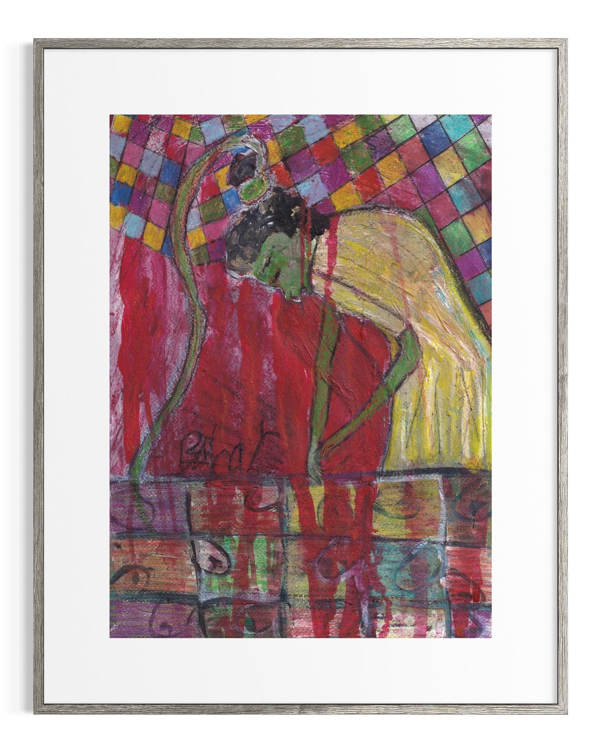 Colorful abstract artwork with a figure in a red dress and yellow top on a white background.