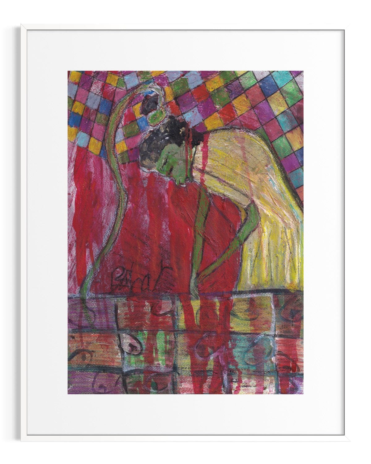 Colorful abstract artwork with a figure in a red dress and yellow top on a patterned background.