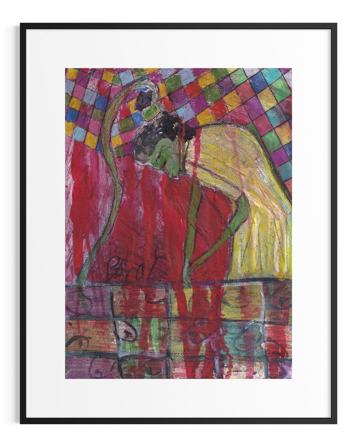 Colorful abstract artwork with a figure and geometric patterns