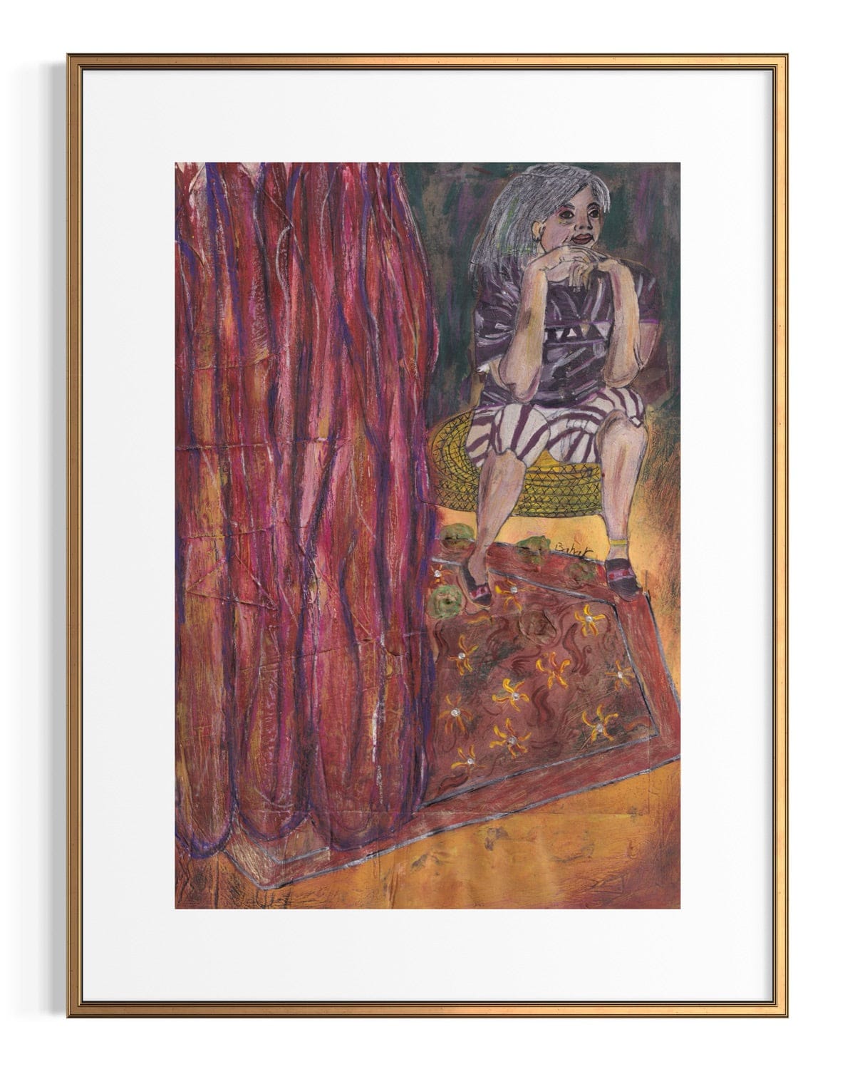 Framed artwork of a person sitting on a red carpet with a large curtain in the background.