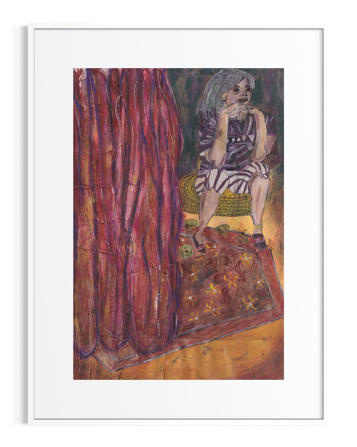 Framed artwork of a person sitting on a red carpet with a large tree in the background