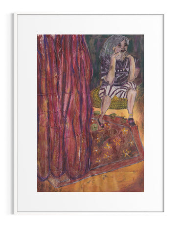 Framed artwork of a person sitting on a red carpet with a large tree in the background