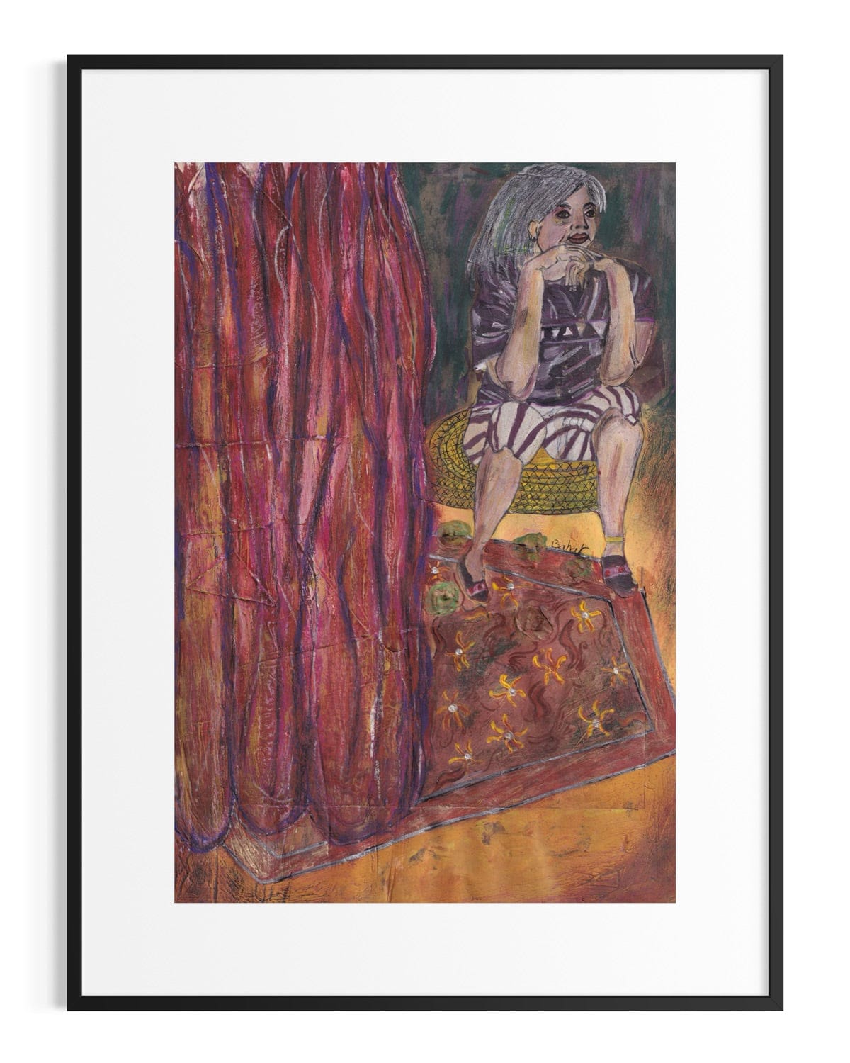 Framed artwork of a person sitting on a rug with a red curtain and star-patterned rug.