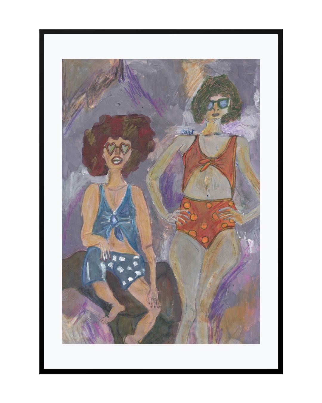 Expressionist painting titled "Happy Sisters," showing two young girls standing close in vibrant unity