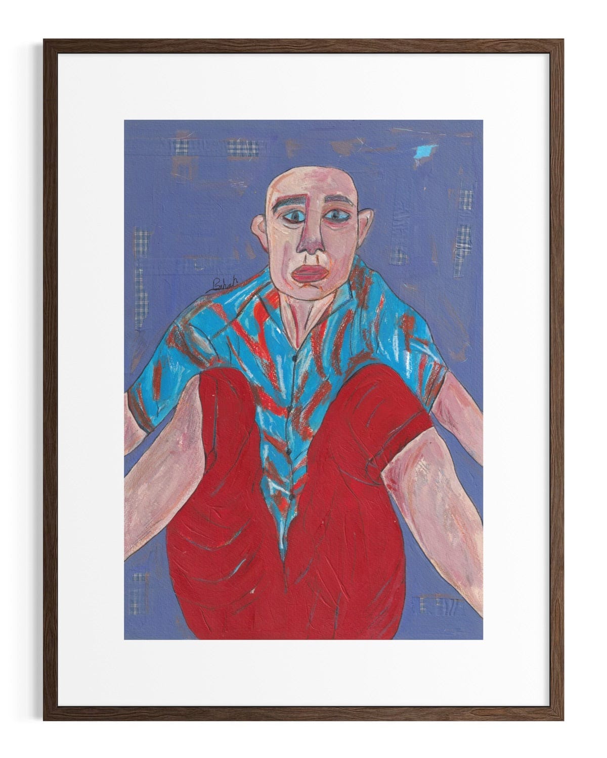 Framed artwork of a person wearing a blue shirt and red vest against a blue background.