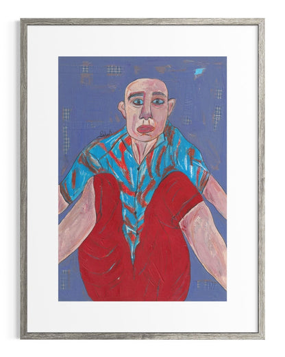 Framed artwork of a person wearing a blue shirt and red vest against a blue background.