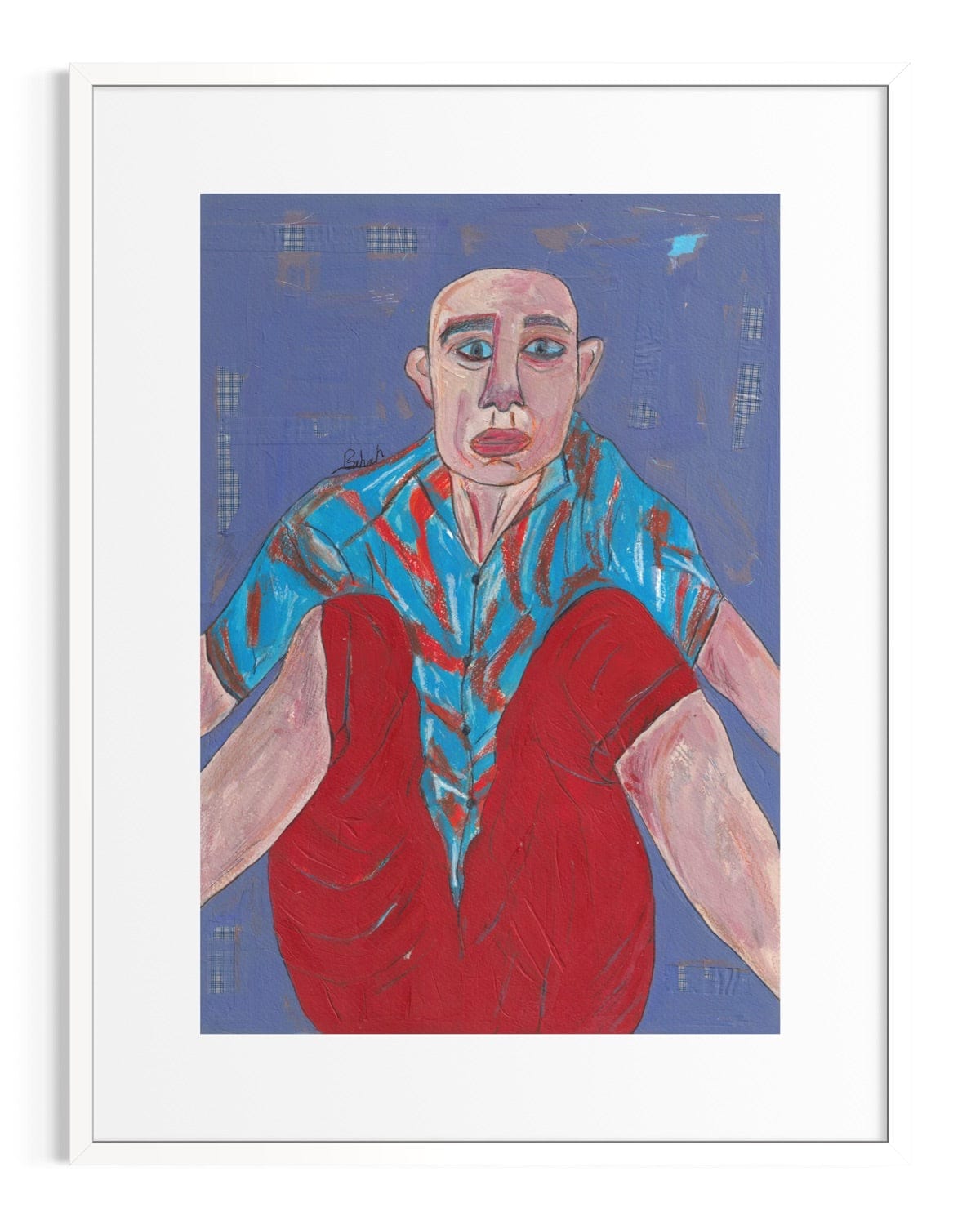 Framed artwork of a person wearing a blue shirt and red vest against a blue background.