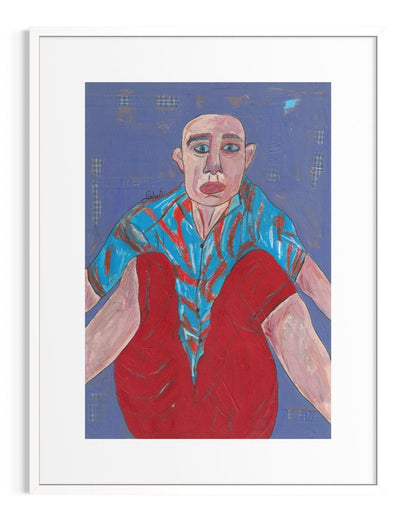 Framed artwork of a person wearing a blue shirt and red vest against a blue background.