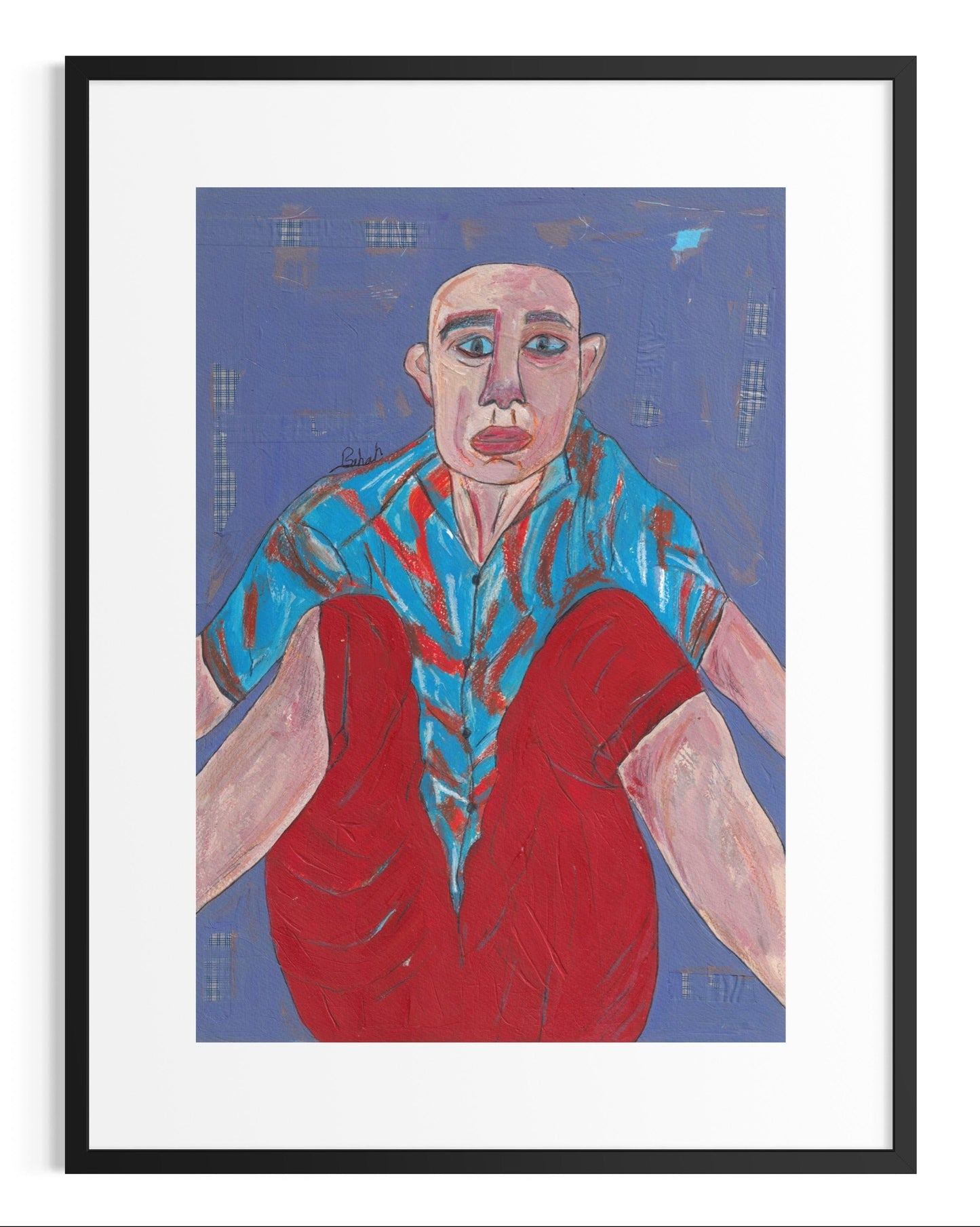 Framed artwork of a person wearing a blue and red outfit against a blue background