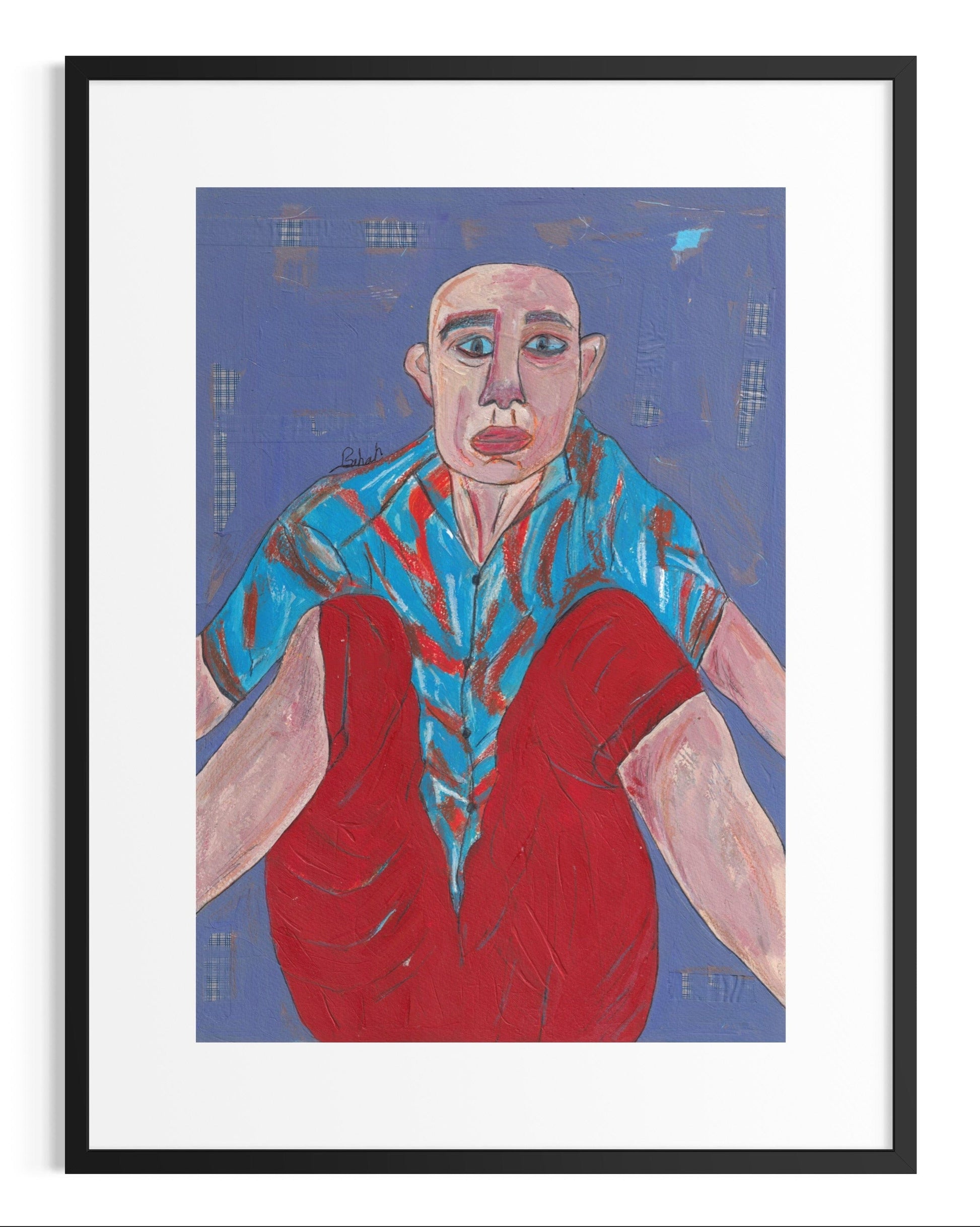 Framed artwork of a person wearing a blue and red outfit against a blue background