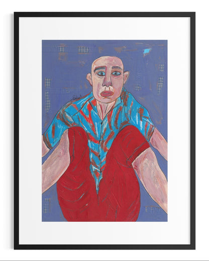 Framed artwork of a person wearing a blue and red outfit against a blue background