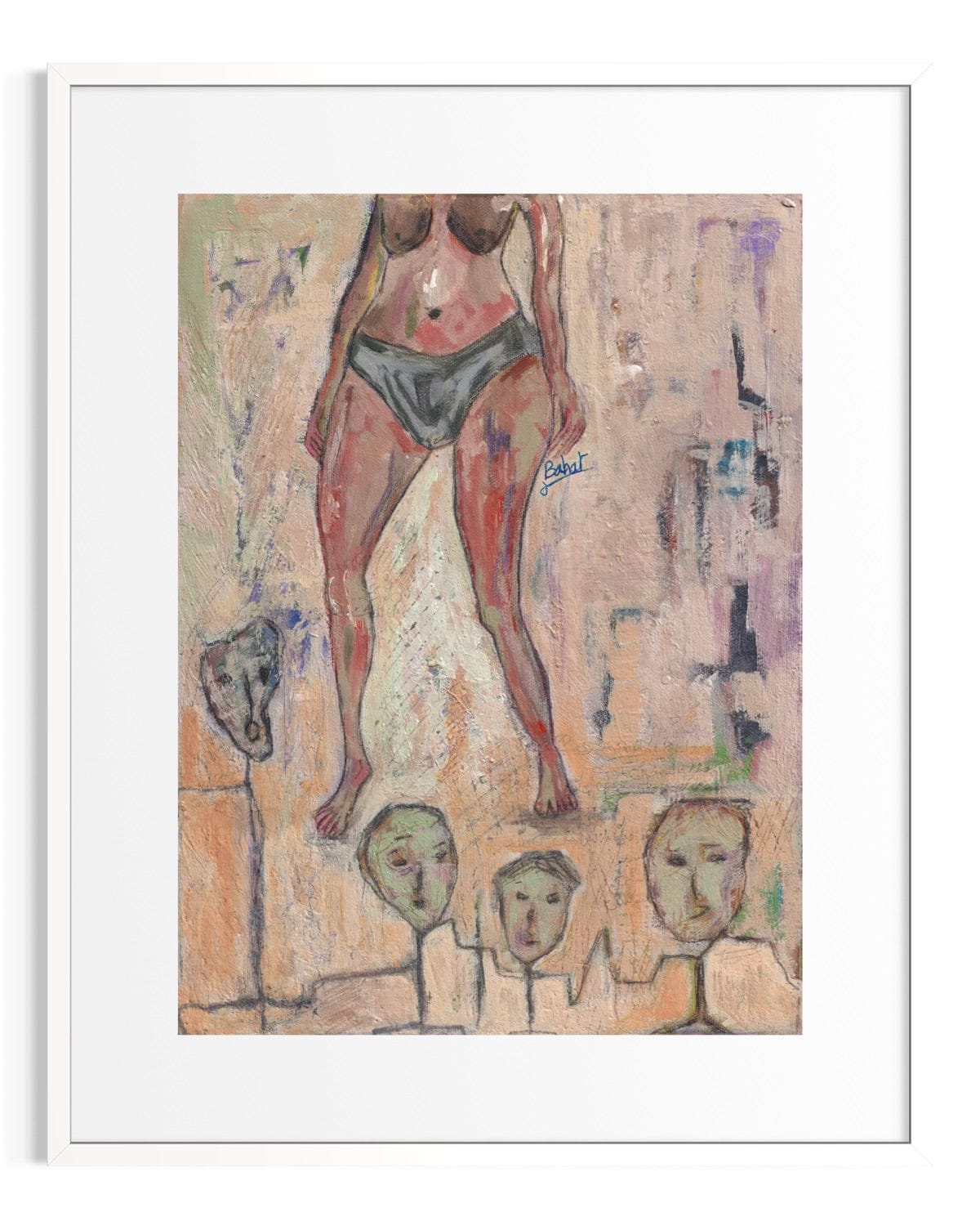 Abstract artwork with a figure and faces on a textured background
