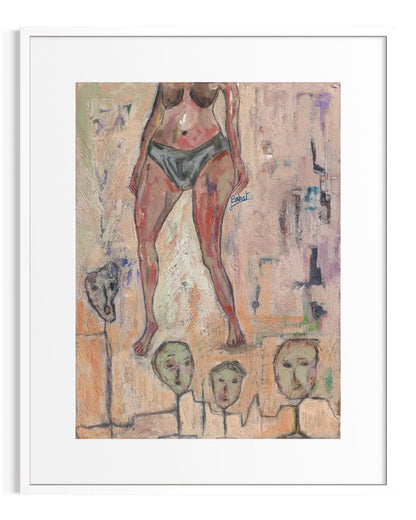 Abstract artwork with a figure and faces on a textured background