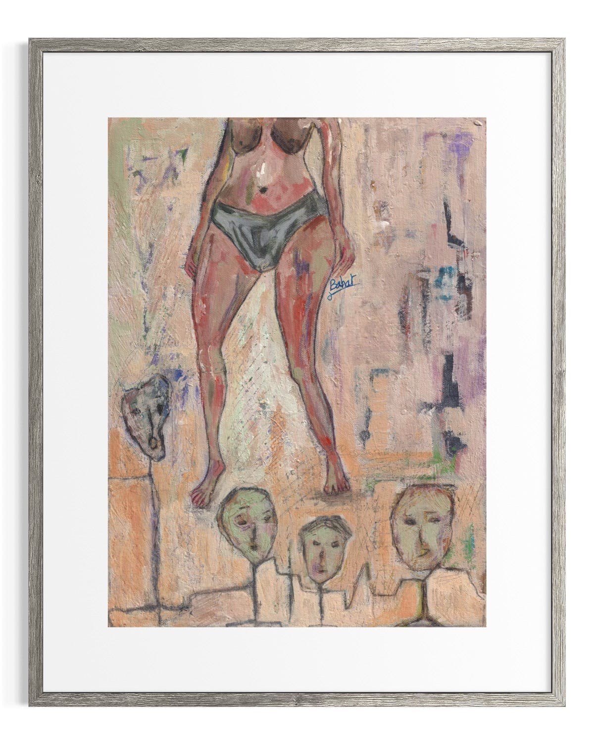 Framed abstract artwork with a figure and faces on a textured background