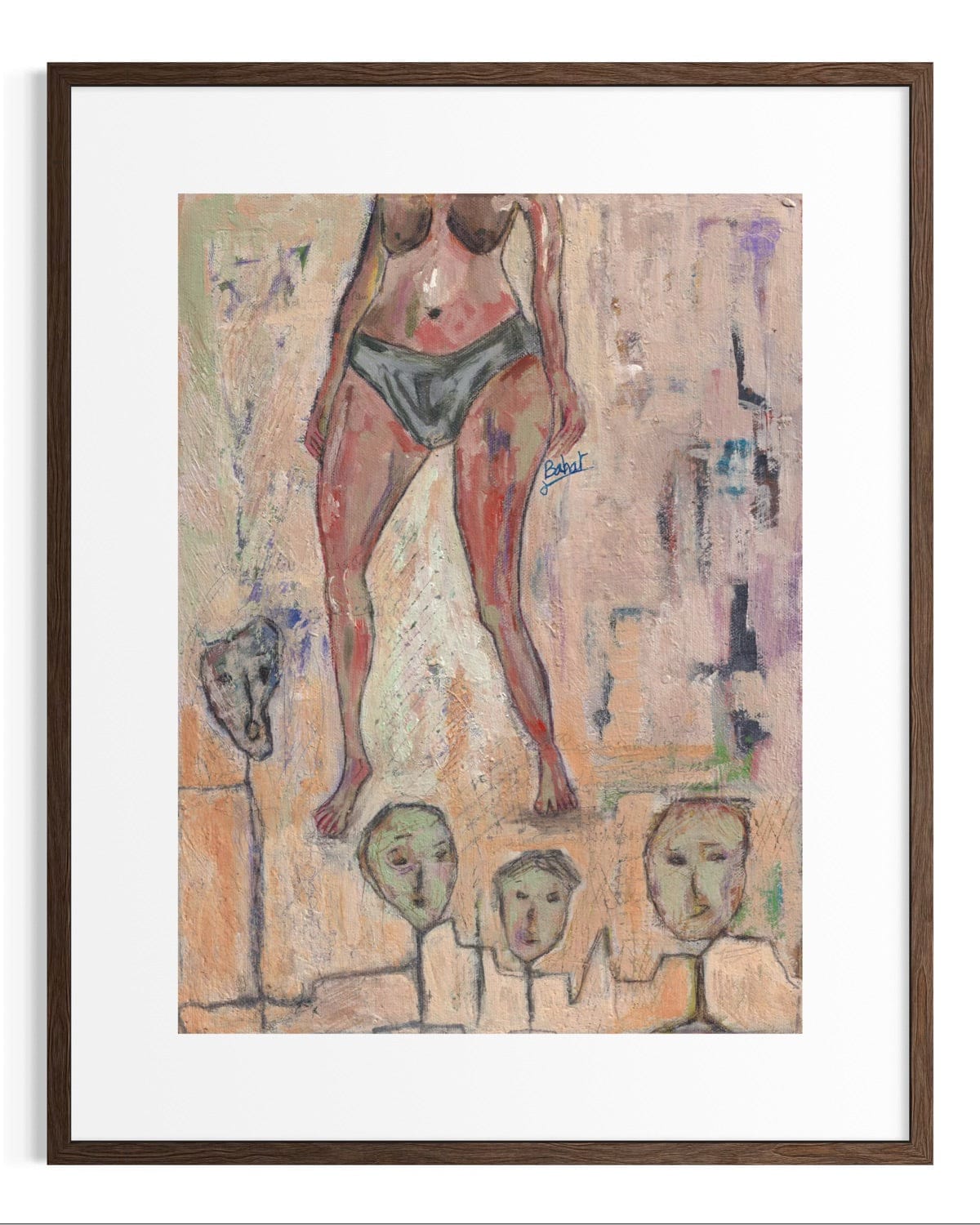 Framed abstract artwork with a central figure in a swimsuit and faces below.