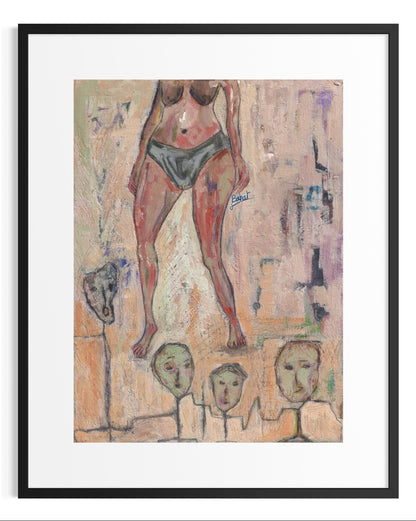 Abstract artwork with a figure and faces on a textured background