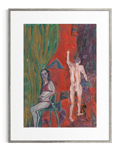 Framed artwork of two figures, one sitting and one standing, against a colorful background.