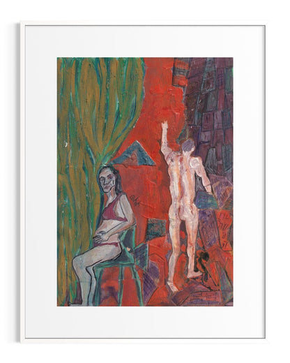Framed artwork of two figures, one sitting and one standing, against a colorful abstract background.