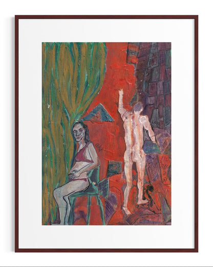 Framed artwork of two nude figures against a colorful abstract background