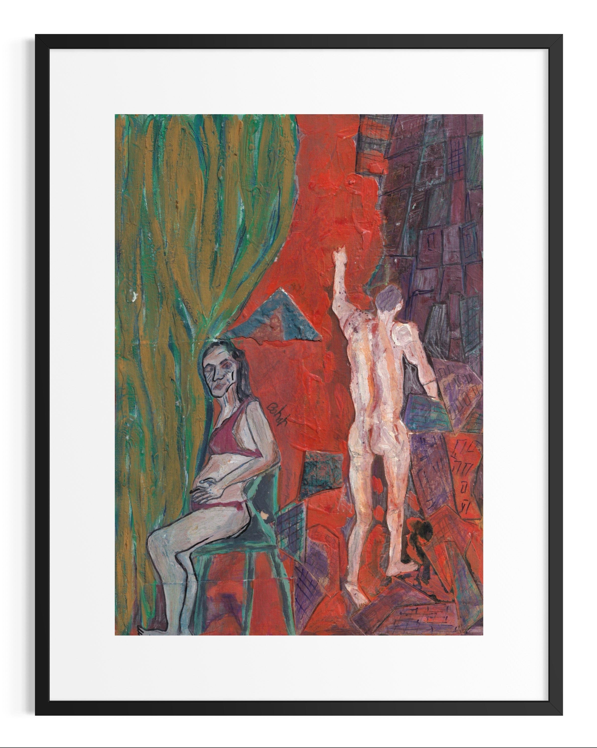 Framed artwork of two nude figures in a colorful abstract setting