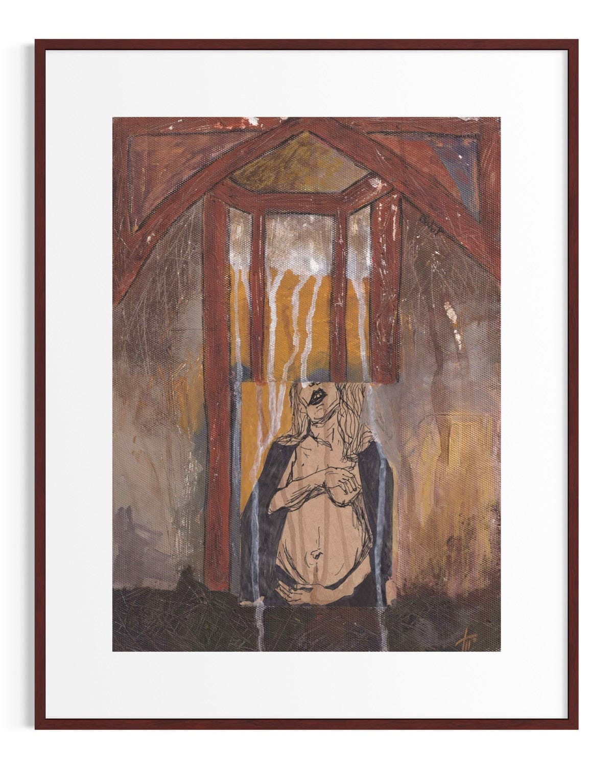 Framed artwork of a figure in a room with a mirror