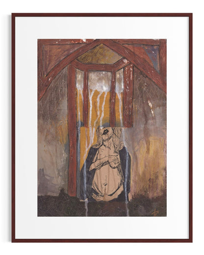 Framed artwork of a figure in a room with a mirror