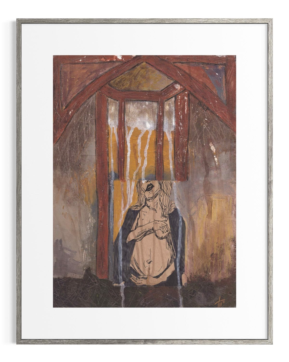 Framed artwork of a figure with a lamp in a room with wooden beams.