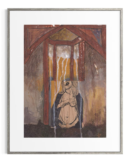 Framed artwork of a figure with a lamp in a room with wooden beams.