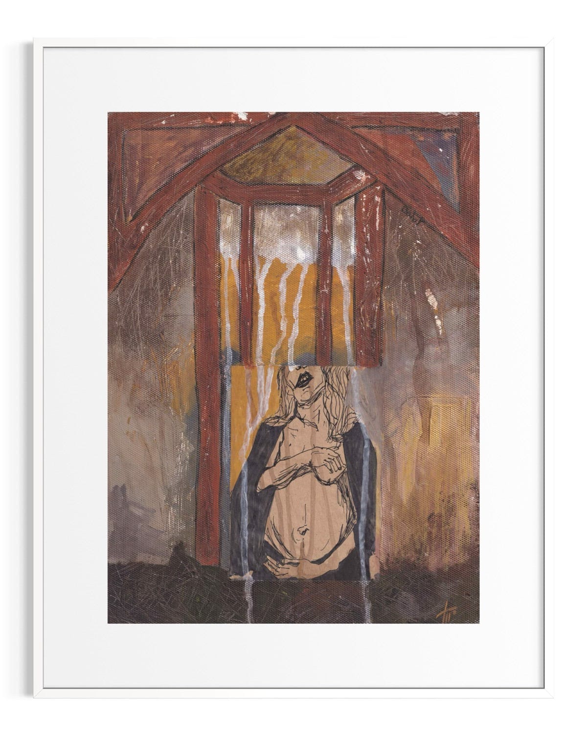 Framed artwork of a figure in a room with a window, featuring warm colors.