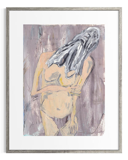 Framed abstract artwork of a nude figure with a draped cloth on a textured background