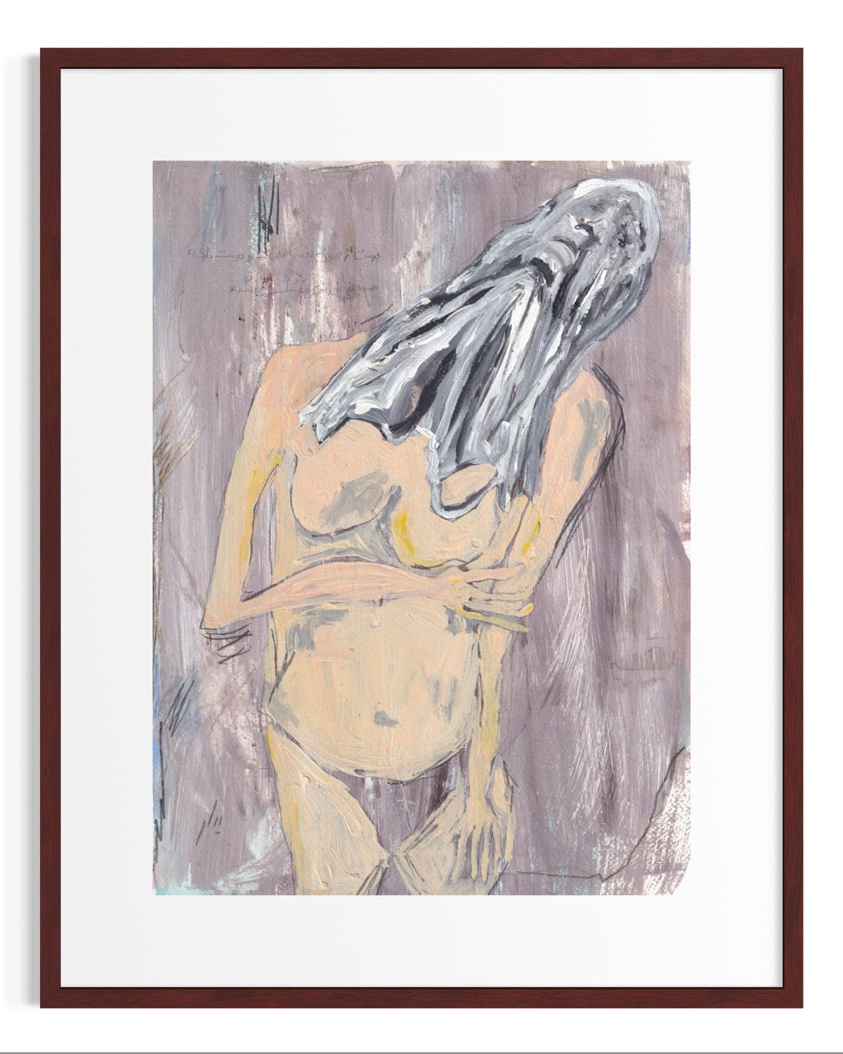 Abstract artwork of a nude figure with a draped cloth on a textured background