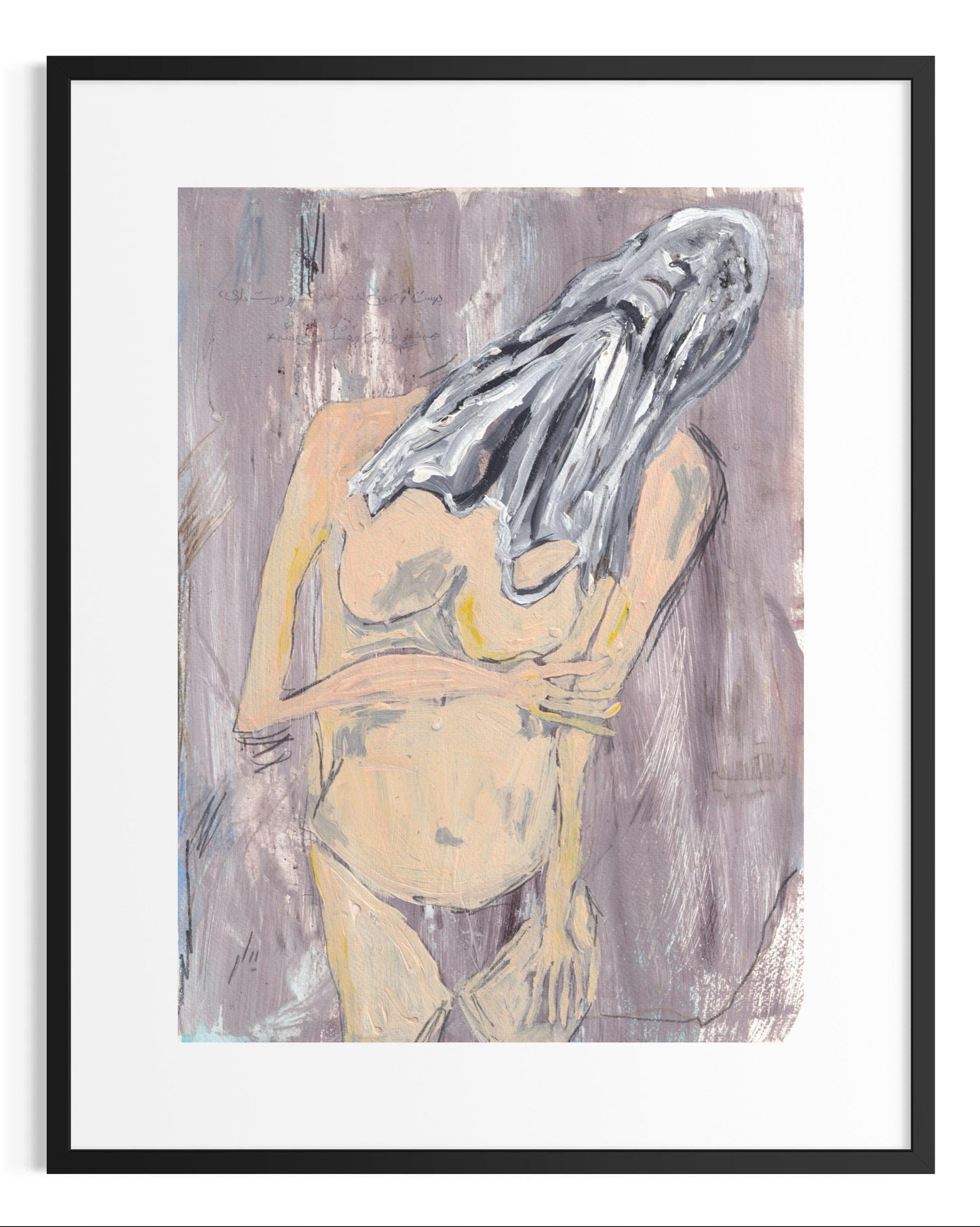 Abstract artwork of a nude figure with a silver head on a textured background
