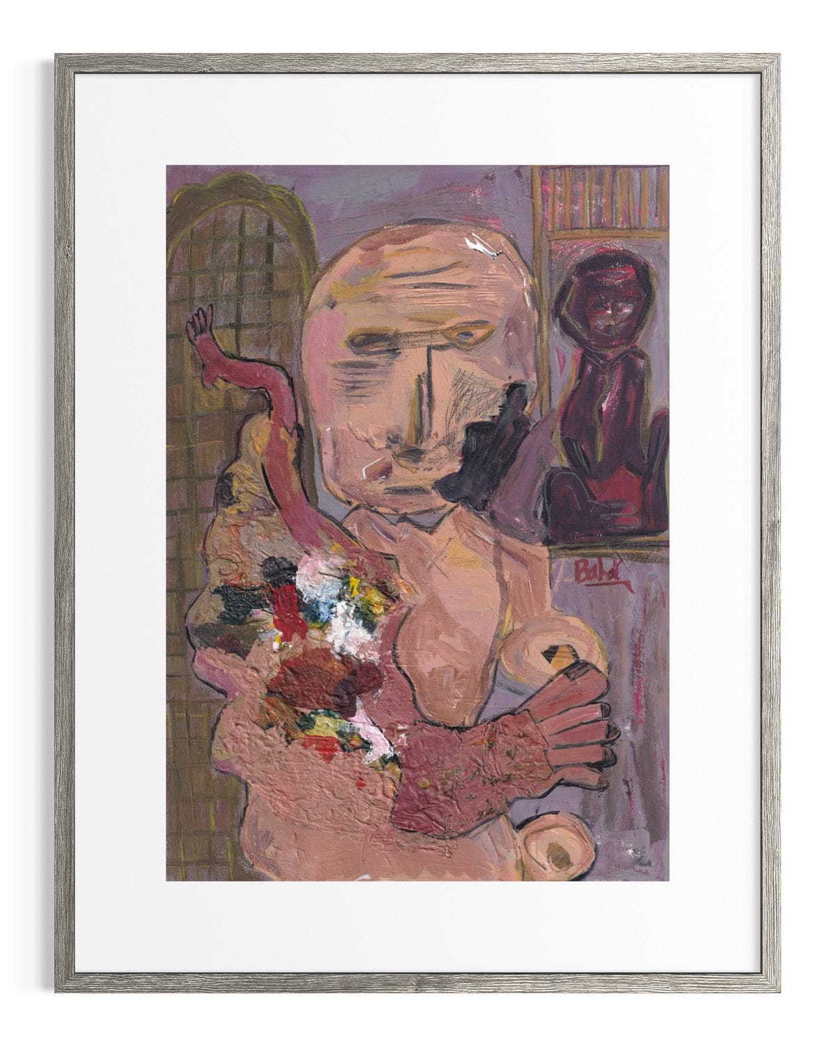 Framed artwork of a stylized portrait with abstract elements