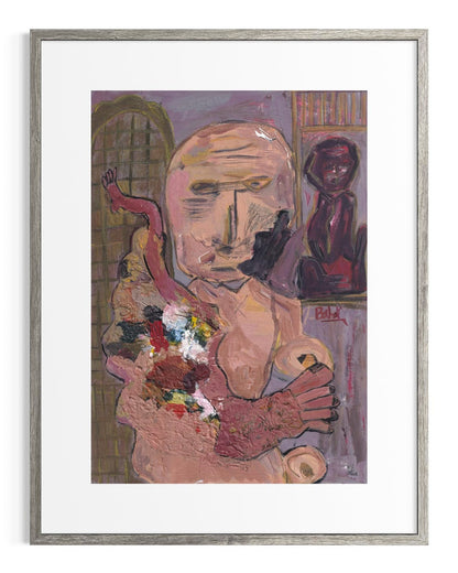 Framed artwork of a stylized portrait with abstract elements