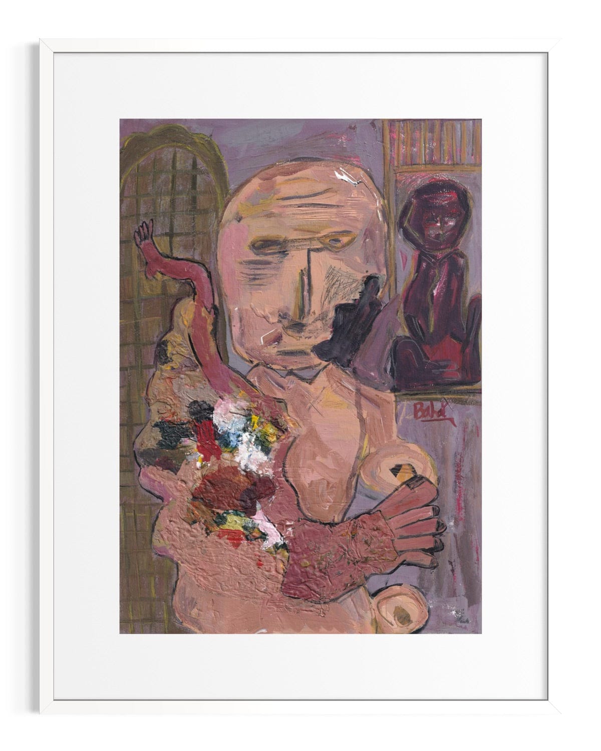 Abstract artwork with a central figure holding flowers, framed in white.