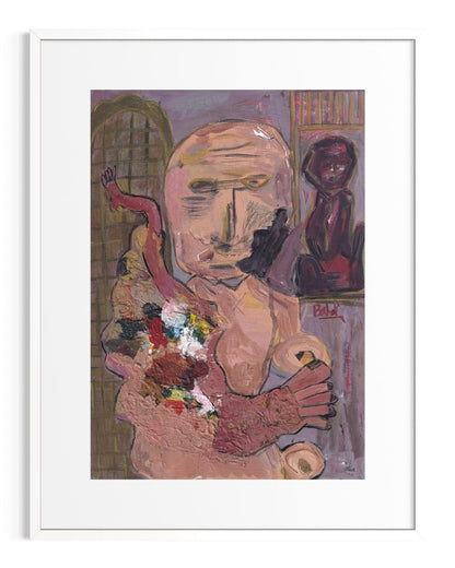Abstract artwork with a central figure holding flowers, framed in white.