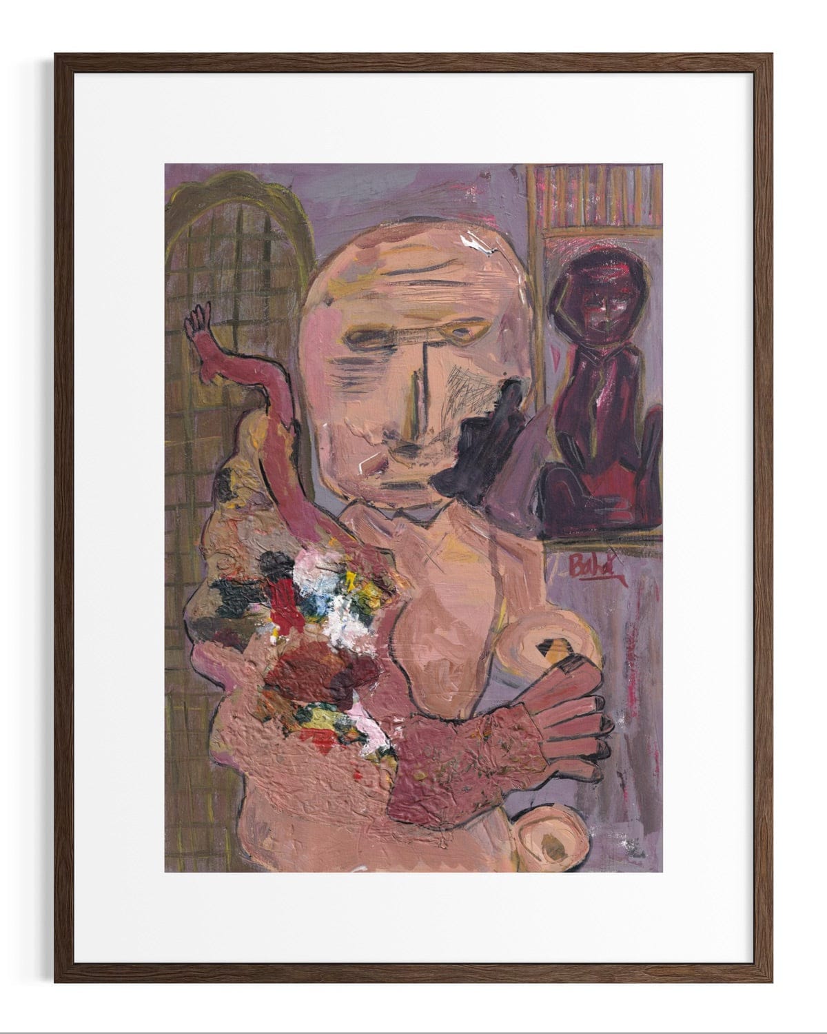 Framed abstract artwork with a central figure holding flowers, set against a white background.
