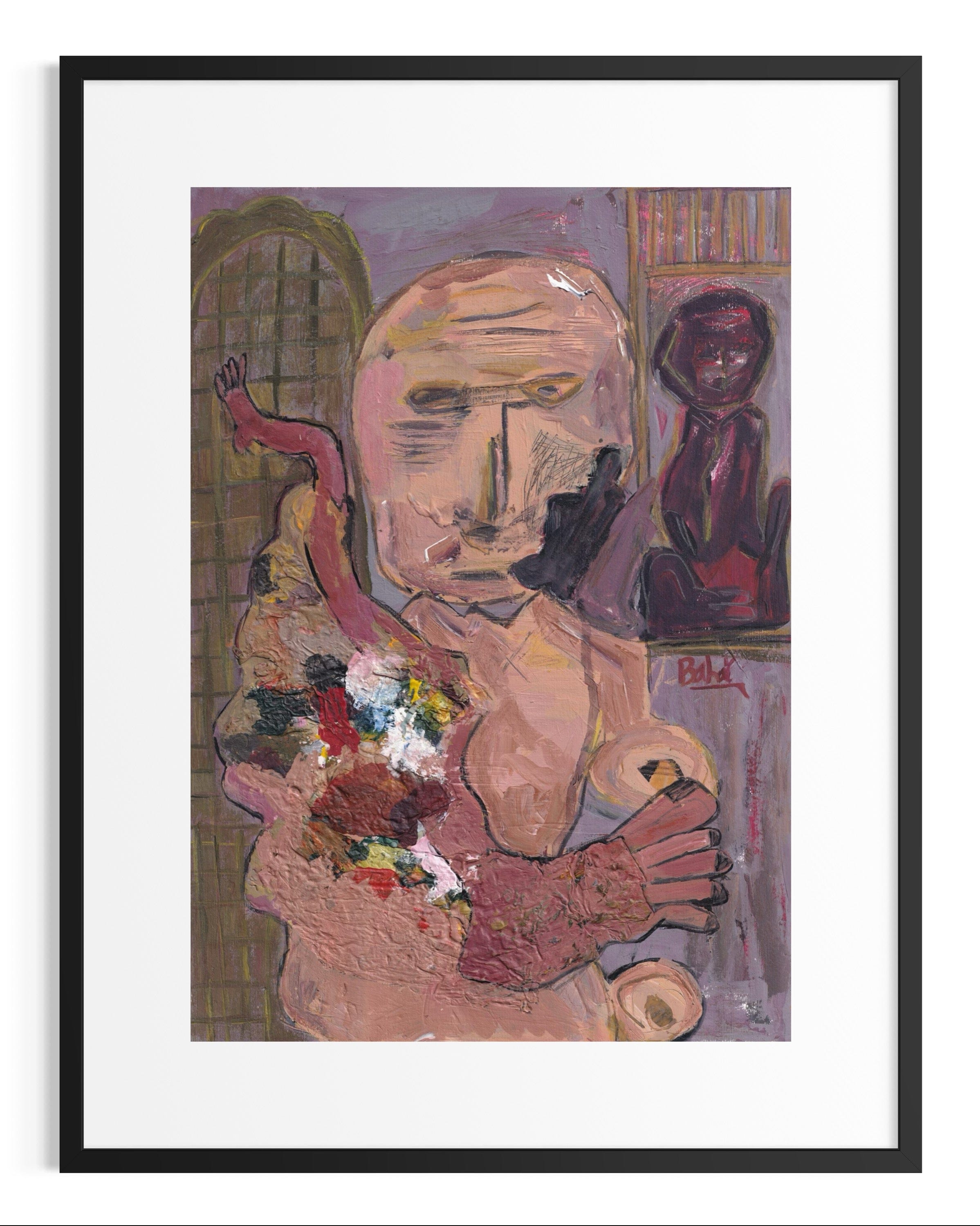 Framed artwork of a stylized figure with flowers and a mirror.