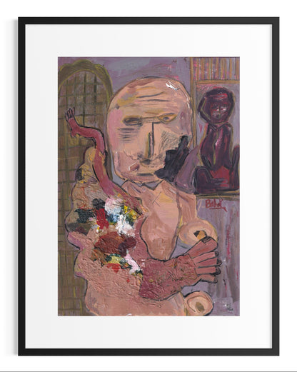 Framed artwork of a stylized figure with flowers and a mirror.