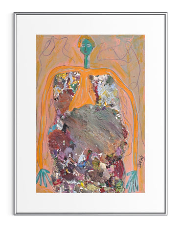 Artistic depiction of a human torso with colorful abstract design, framed.