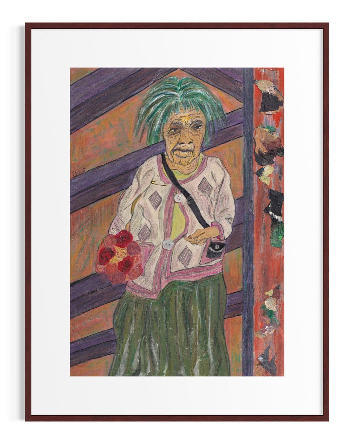 Framed artwork of a person with green hair and a patterned shirt.