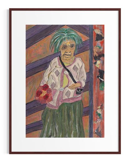Framed artwork of a person with green hair and a patterned shirt.